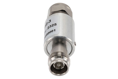 3 dB Fixed Attenuator, 2.2-5 Male to 2.2-5 Female Brass Body Rated to 5 Watts, DC to 6 GHz
