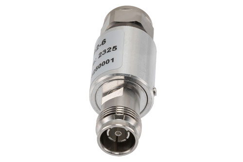 6 dB Fixed Attenuator, 2.2-5 Male to 2.2-5 Female Brass Body Rated to 5 Watts, DC to 6 GHz