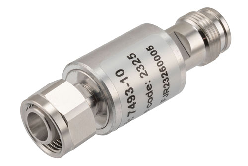 10 dB Fixed Attenuator, 2.2-5 Male to 2.2-5 Female Brass Body Rated to 10 Watts, DC to 6 GHz