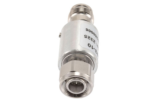 10 dB Fixed Attenuator, 2.2-5 Male to 2.2-5 Female Brass Body Rated to 10 Watts, DC to 6 GHz