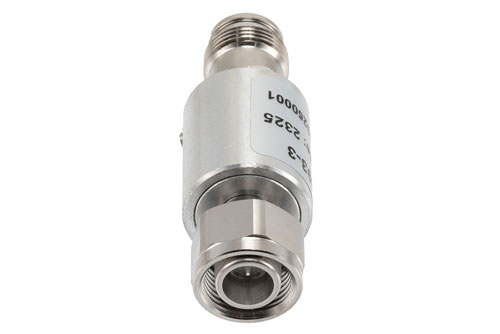 3 dB Fixed Attenuator, 2.2-5 Male to 2.2-5 Female Brass Body Rated to 10 Watts, DC to 6 GHz