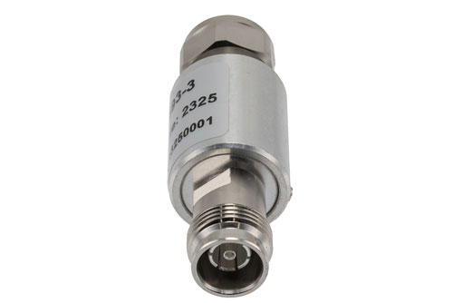 3 dB Fixed Attenuator, 2.2-5 Male to 2.2-5 Female Brass Body Rated to 10 Watts, DC to 6 GHz