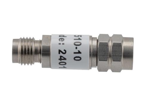 10 dB Fixed Attenuator, 2.4mm Male to 2.4mm Female Stainless Steel Body Rated to 2 Watts Up to 50 GHz