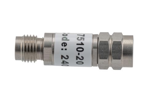 20 dB Fixed Attenuator, 2.4mm Male to 2.4mm Female Stainless Steel Body Rated to 2 Watts Up to 50 GHz