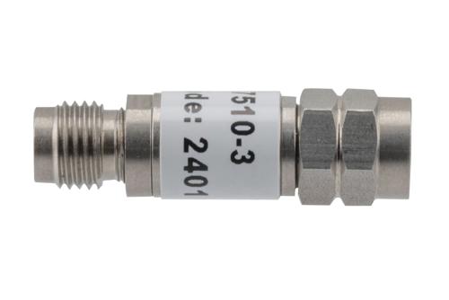 3 dB Fixed Attenuator, 2.4mm Male to 2.4mm Female Stainless Steel Body Rated to 2 Watts Up to 50 GHz