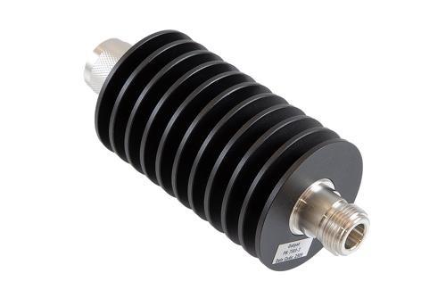3 dB Fixed Attenuator, N Male to N Female Aluminum Black Anodized Body Rated to 50 Watts Up to 10 GHz