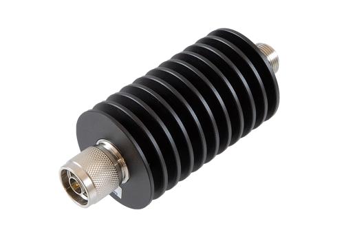 6 dB Fixed Attenuator, N Male to N Female Aluminum Black Anodized Body Rated to 50 Watts Up to 10 GHz