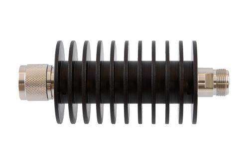 6 dB Fixed Attenuator, N Male to N Female Aluminum Black Anodized Body Rated to 50 Watts Up to 10 GHz