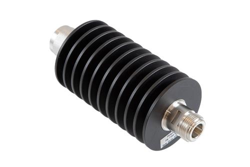 6 dB Fixed Attenuator, N Male to N Female Aluminum Black Anodized Body Rated to 50 Watts Up to 10 GHz