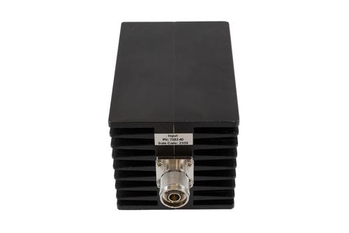 40 dB Fixed Attenuator, N Male to N Female Aluminum Black Anodized Body Rated to 150 Watts Up to 10 GHz