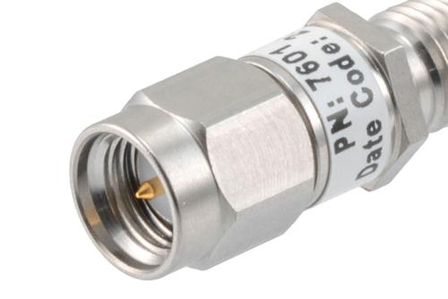 7dB RF fixed attenuator 2W, DC to 3GHz, SMA male to female, Stainless Steel