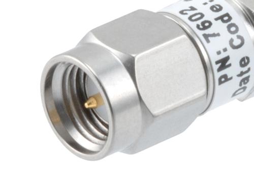 20dB RF fixed attenuator 2W, DC to 6GHz, SMA male to female, Stainless Steel