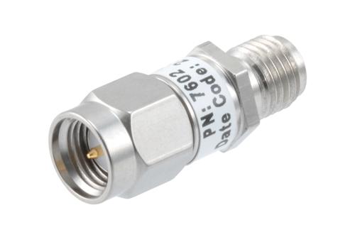40dB RF fixed attenuator 2W, DC to 6GHz, SMA male to female, Stainless Steel