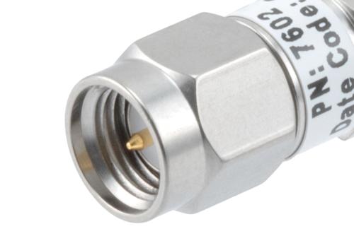 40dB RF fixed attenuator 2W, DC to 6GHz, SMA male to female, Stainless Steel