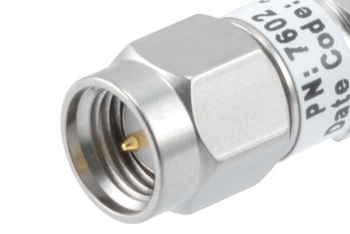 6dB RF fixed attenuator 2W, DC to 6GHz, SMA male to female, Stainless Steel