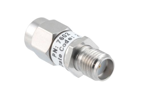 9dB RF fixed attenuator 2W, DC to 6GHz, SMA male to female, Stainless Steel