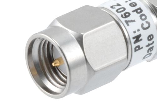 9dB RF fixed attenuator 2W, DC to 6GHz, SMA male to female, Stainless Steel