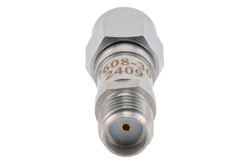 30 dB RF fixed attenuator 2W, DC to 6GHz, SMA Male to SMA Female, Stainless Steel