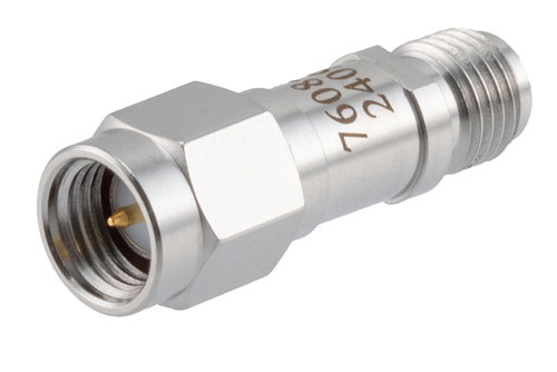 9 dB RF fixed attenuator 2W, DC to 6GHz, SMA Male to SMA Female, Stainless Steel
