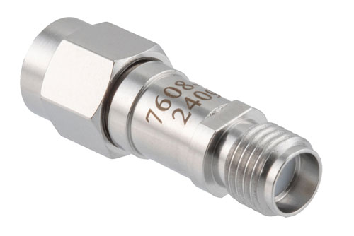 9 dB RF fixed attenuator 2W, DC to 6GHz, SMA Male to SMA Female, Stainless Steel