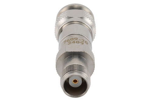 20 dB RF fixed attenuator 2W, DC to 3GHz, TNC Male to TNC Female, Brass