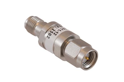 12 dB Fixed Attenuator SMA Male to SMA Female Passivated Stainless Steel Body Rated 2 Watt DC to 18 GHz