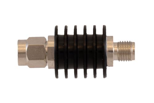 20 dB Fixed Attenuator SMA Male to SMA Female Black Anodized Aluminum Heatsink Body Rated 5 Watt DC to 18 GHz