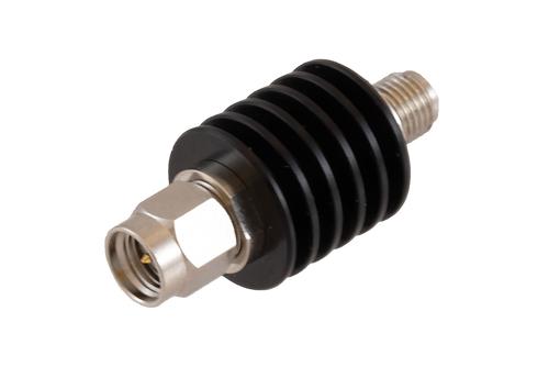 30 dB Fixed Attenuator SMA Male to SMA Female Black Anodized Aluminum Heatsink Body Rated 5 Watt DC to 18 GHz
