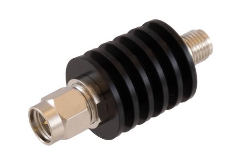 40 dB Fixed Attenuator SMA Male to SMA Female Black Anodized Aluminum Heatsink Body Rated 5 Watt DC to 18 GHz