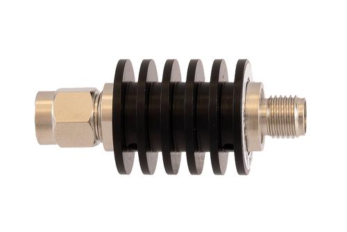 40 dB Fixed Attenuator SMA Male to SMA Female Black Anodized Aluminum Heatsink Body Rated 5 Watt DC to 18 GHz