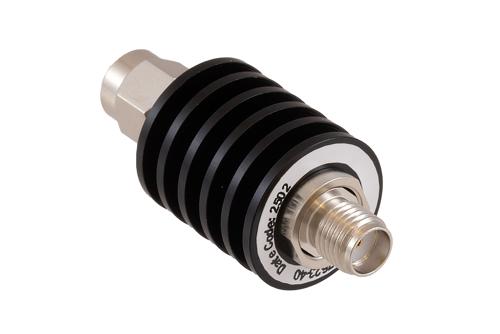 40 dB Fixed Attenuator SMA Male to SMA Female Black Anodized Aluminum Heatsink Body Rated 5 Watt DC to 18 GHz