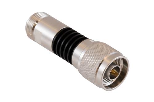 10 dB Fixed Attenuator N-Type Male to N-Type Female Black Anodized Aluminum Heatsink Body Rated 5 Watt DC to 18 GHz