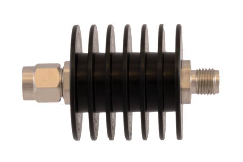 20 dB Fixed Attenuator SMA Male to SMA Female Black Anodized Aluminum Heatsink Body Rated 10 Watt DC to 18 GHz