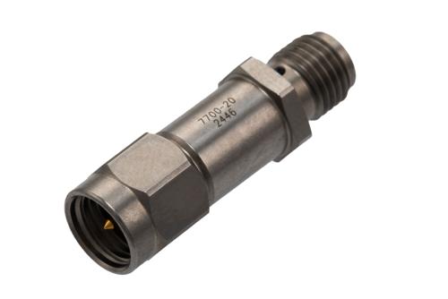 20 dB Fixed Attenuator for Cryogenic Application, SMA Male to SMA Female Passivated Stainless Steel Hex/Round Body Rated to 2W, DC to 18 GHz