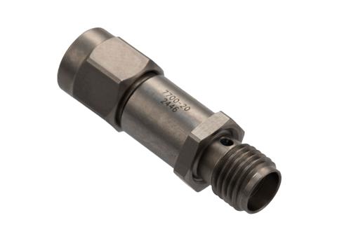 20 dB Fixed Attenuator for Cryogenic Application, SMA Male to SMA Female Passivated Stainless Steel Hex/Round Body Rated to 2W, DC to 18 GHz