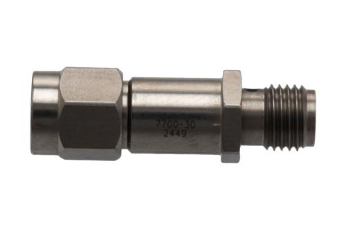 30dB Fixed Attenuators for Cryogenic Application, SMA Male to SMA Female Passivated Stainless Steel Hex/Round Body Rated to 2W, DC to 18 GHz