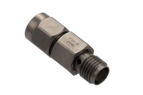 10 dB Fixed Attenuator for Cryogenic Application, SMA Male to SMA Female Passivated Stainless Steel Body Rated to 2 Watt, DC to 18 GHz