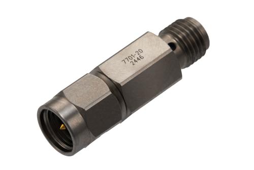 20 dB Fixed Attenuator for Cryogenic Application, SMA Male to SMA Female Passivated Stainless Steel Body Rated to 2 Watt, DC to 18 GHz