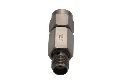 20 dB Fixed Attenuator for Cryogenic Application, SMA Male to SMA Female Passivated Stainless Steel Body Rated to 2 Watt, DC to 18 GHz