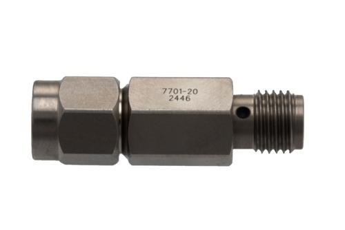 20 dB Fixed Attenuator for Cryogenic Application, SMA Male to SMA Female Passivated Stainless Steel Body Rated to 2 Watt, DC to 18 GHz