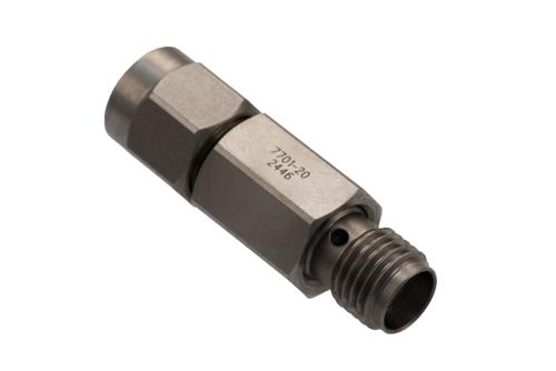 20 dB Fixed Attenuator for Cryogenic Application, SMA Male to SMA Female Passivated Stainless Steel Body Rated to 2 Watt, DC to 18 GHz