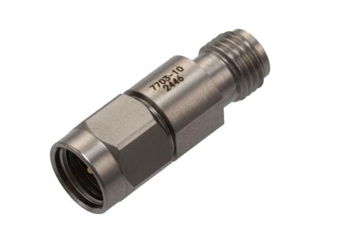 10 dB Fixed Attenuator for Cryogenic Application, 2.92mm Male to 2.92mm Female Passivated Stainless Steel Body Rated to 1 Watt, DC to 40 GHz