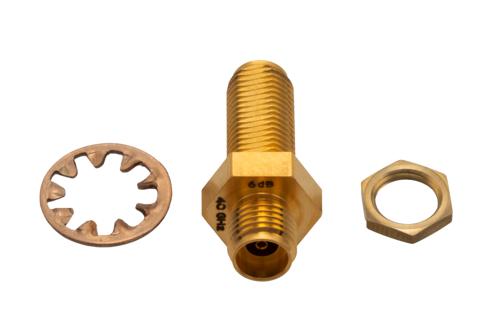 6 dB Fixed Attenuator Bulkhead for Cryogenic Application, 2.92mm Female to 2.92mm Female Copper Gold Plated Body Rated to 1 W, DC to 40 GHz