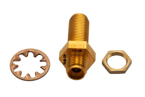 10 dB Fixed Attenuator Bulkhead for Cryogenic Application, 2.92mm Female to 2.92mm Female Copper Gold Plated Body Rated to 1 W, DC to 40 GHz