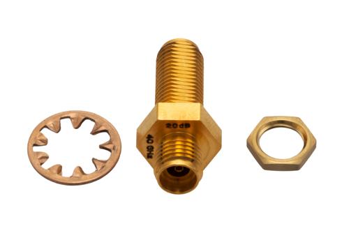 20 dB Fixed Attenuator Bulkhead for Cryogenic Application, 2.92mm Female to 2.92mm Female Copper Gold Plated Body Rated to 1 W, DC to 40 GHz