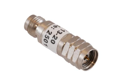 20 dB Fixed Attenuator, 1.85mm Male to 1.85mm Female Passivated Stainless Steel Body Rated to 2 Watt DC to 67 GHz
