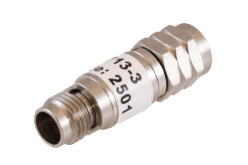3 dB Fixed Attenuator, 1.85mm Male to 1.85mm Female Passivated Stainless Steel Body Rated to 2 Watt DC to 67 GHz