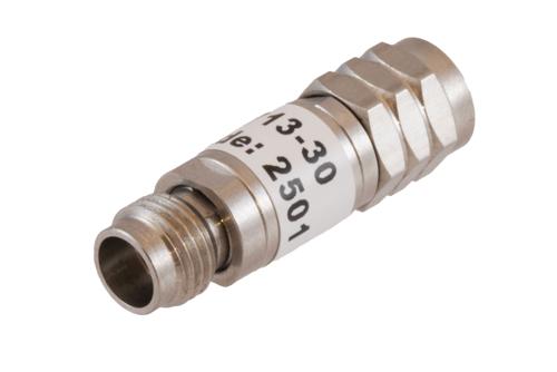 30 dB Fixed Attenuator, 1.85mm Male to 1.85mm Female Passivated Stainless Steel Body Rated to 2 Watt DC to 67 GHz