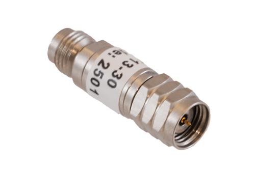 30 dB Fixed Attenuator, 1.85mm Male to 1.85mm Female Passivated Stainless Steel Body Rated to 2 Watt DC to 67 GHz