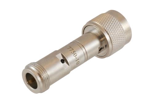 10 dB Fixed Attenuator 75 Ohm N-Type Male to 75 Ohm N-Type Female Brass Tri-Metal body rated 2 Watt DC to 4 GHz